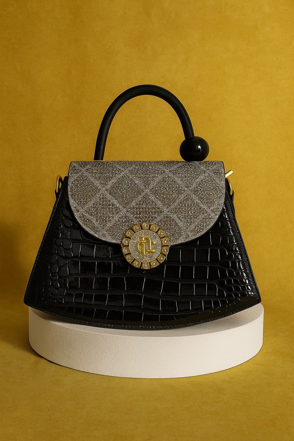 Luxe Croc-Textured Handbag with Glitter Flap – Glam Redefined!