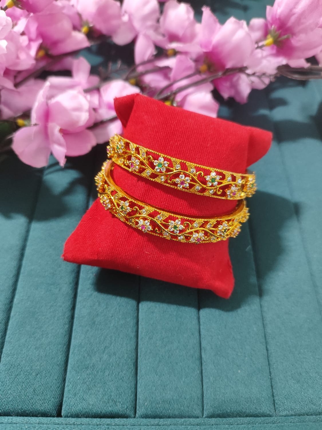 Floral design Golden Polish CZ stone Bangles