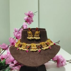 Elephant design Traditional Golden colour necklace set with Pink stone & pearls